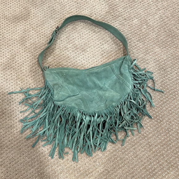 Vintage sea foam green patchwork pattern, suede purse. Fringe - Picture 4 of 5